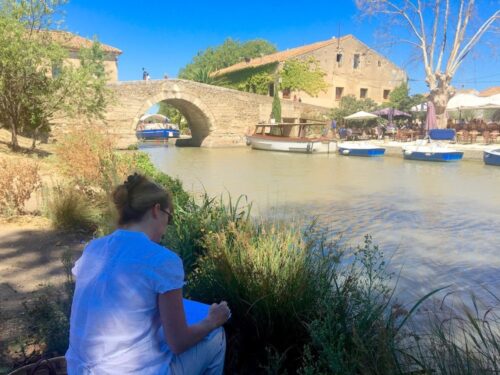 Annette sketching at Le Somail